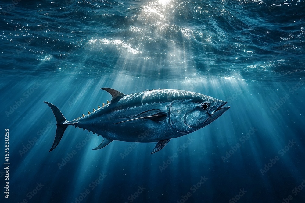 Fototapeta premium Sunbeams piercing the ocean surface illuminate a large tuna fish gracefully swimming in its natural habitat, creating a captivating underwater scene