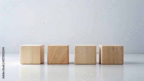 Clean minimal arrangement of four identical light-colored wooden blocks on a bright surface against a neutral backdrop