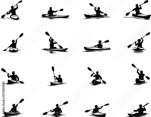 Silhouette of kayakers paddling, kayaking activity icons set, kayaking silhouettes on water, vector paddle sport design, black kayak illustration, isolated