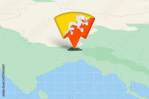 Bhutan Location Highlighted on Asian Map with Flag Icon.