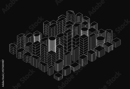 Black and white isometric city illustration featuring tall buildings in clean outline style. The urban skyline has a geometric perspective with detailed structures.