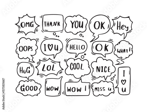 Various speech bubbles with handwritten words and phrases text