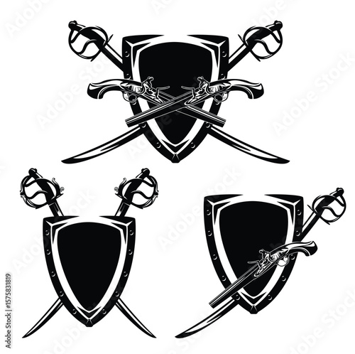 crossed sabre sword and antique pistols with stylized coat fo arms shield - pirate weapon black and white vector design set