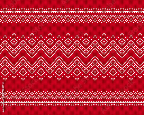 Christmas knit traditional texture. Holiday seamless pattern. Festive winter ornament. Knitted sweater print. Xmas geometric border. Fair isle background with snowflakes. Vector.