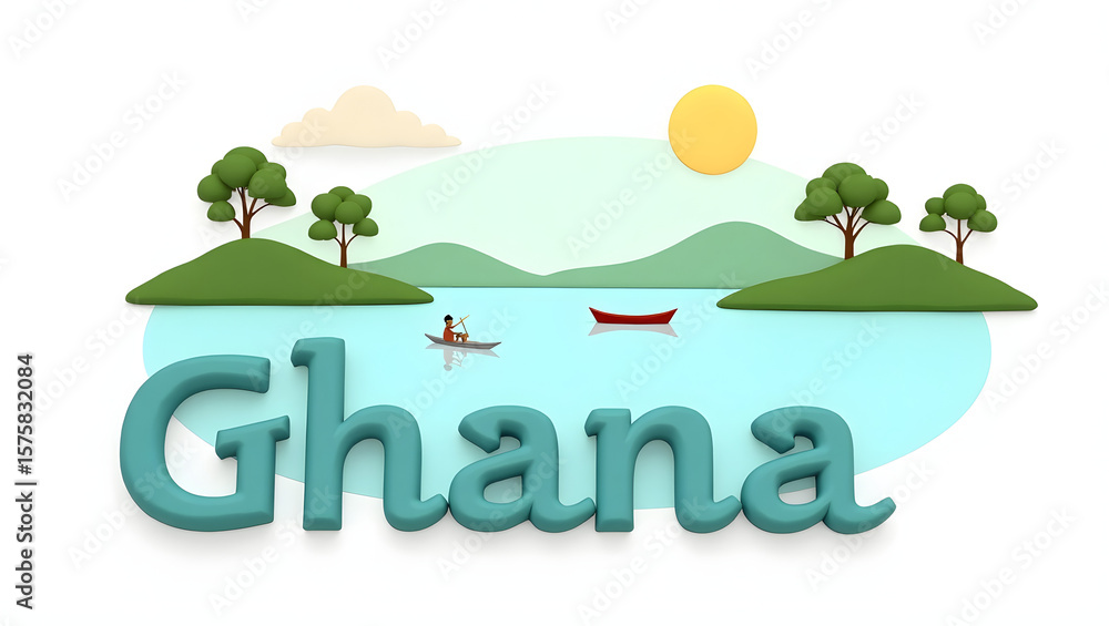 Obraz premium 3d illustration of Lake Volta with canoe and green hills, and the word 'Ghana' beneath. Calm and nature-centered travel scene.