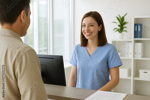 Smiling female receptionist in medical uniform assisting patient at hospital front desk