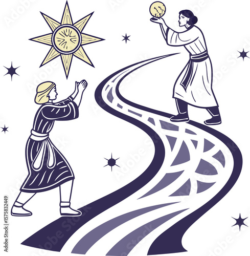 cosmic journey of people under stars and sun