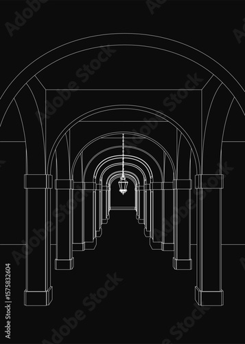 A long corridor with elegant arches and pillars stretches into the distance, illuminated by a grand chandelier. The black and white drawing captures intricate architectural details and dramatic.