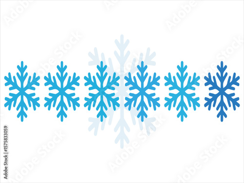 A horizontal line of blue snowflakes with varying opacity on a white background