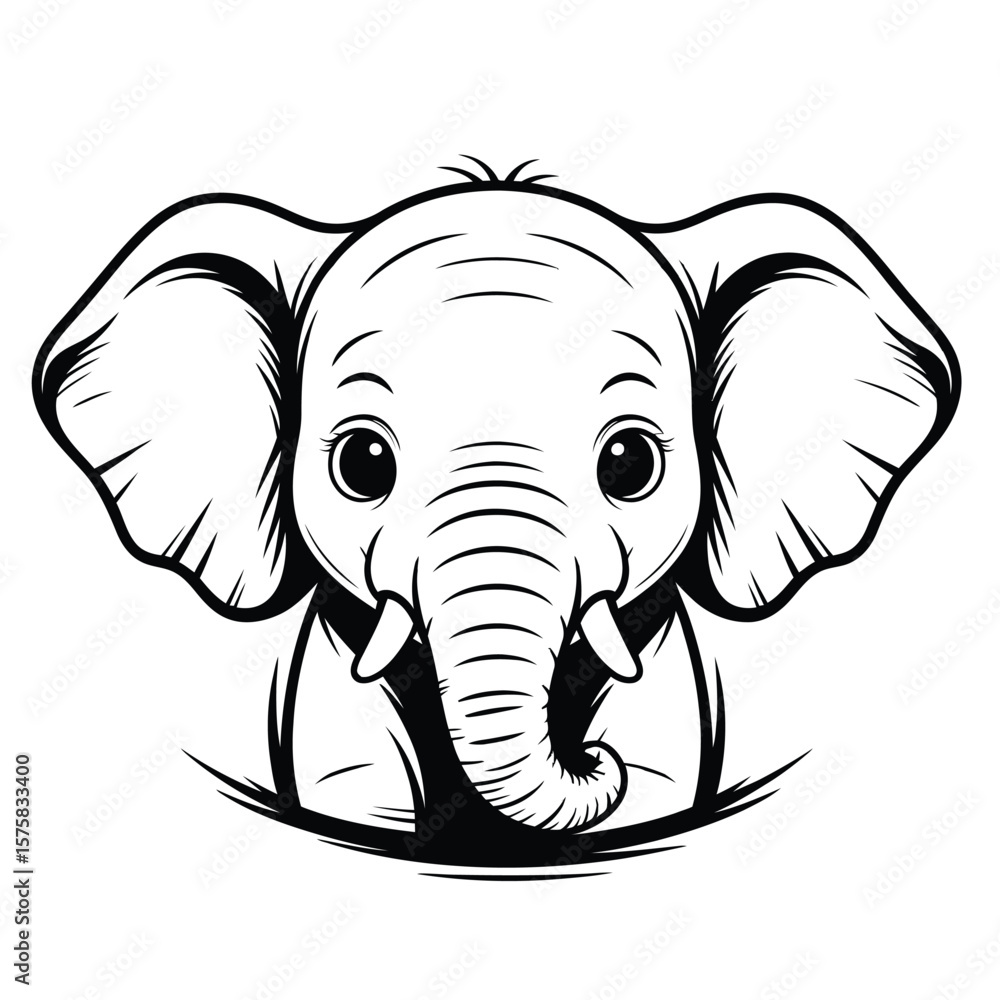 Fototapeta premium Black and white vector illustration of a baby elephant head with large eyes and tiny tusks on a clean white background