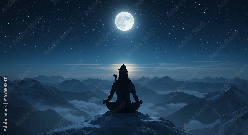 Fototapeta premium Shiva meditating on a mountaintop under a full moon