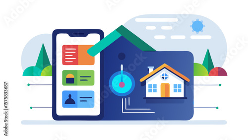 A phone screen shows a house with a house icon and a pie chart. The pie chart is divided into four sections, with each section representing a different aspect of the house