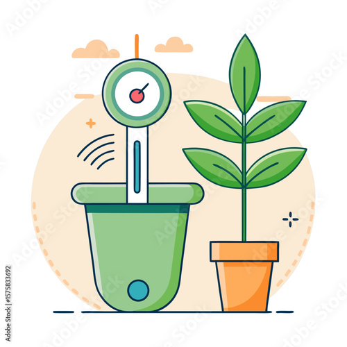 A green plant is growing in a pot next to a scale. The scale is showing a weight of 0