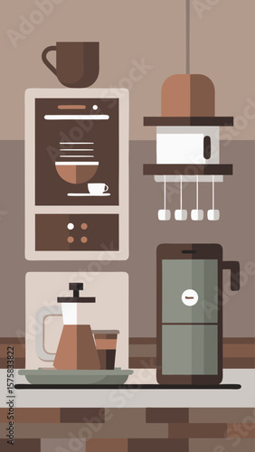 A coffee maker sits on a counter next to a tablet and a cup. The tablet is displaying a message about the coffee maker