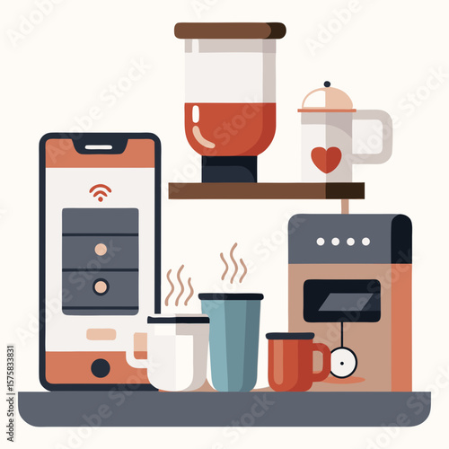 A coffee maker sits on a counter next to a tablet and a cup. The tablet is displaying a message about the coffee maker