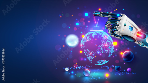 Merry Christmas and New Year Background in modern technology style. Christmas decoration in cyborg arm. Robot hand decoration christmas tree. AI or artificial intelligence greets the new year. Banner