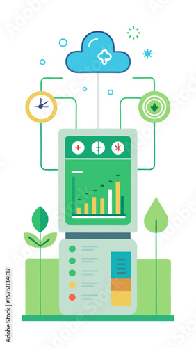 A green leaf is shown next to a device that has a temperature gauge. The leaf is surrounded by other icons, including a clock and a map. Concept of technology and nature coming together