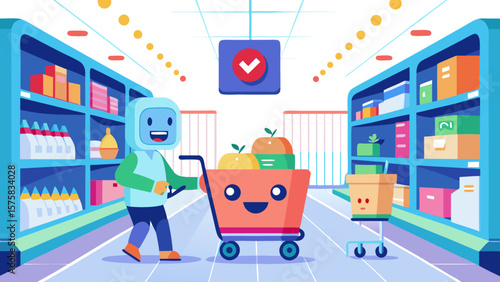 A cartoon robot is shopping in a grocery store. The robot is carrying a shopping cart and a carrot