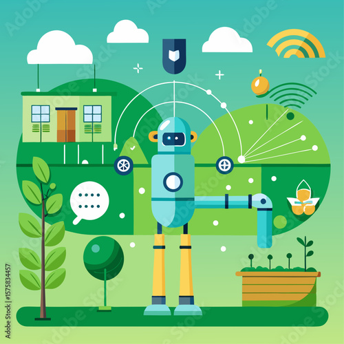 A robot is standing in a field with a house in the background. The robot is surrounded by various objects such as a car, a building, and a tree. The scene is lively and full of energy
