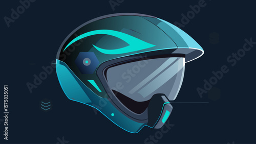 A futuristic helmet with a blue and orange design. The helmet is made of a shiny material and has a futuristic look to it