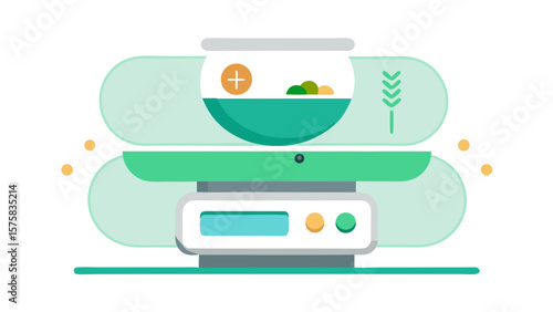 A scale with a bowl on top of it. The bowl is full of food. The scale is green and white