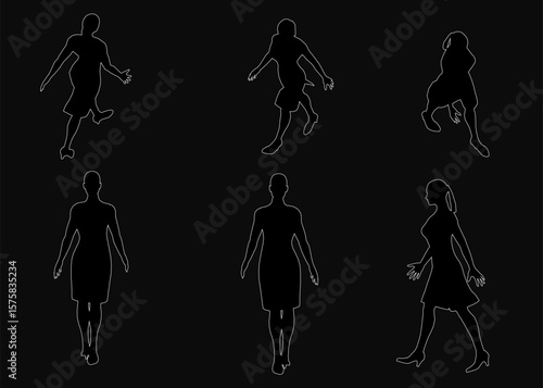 A girl walks in silhouette against a black background, her figure sharply contrasting with the dark space. Multiple poses create dynamic movement and visual interest.