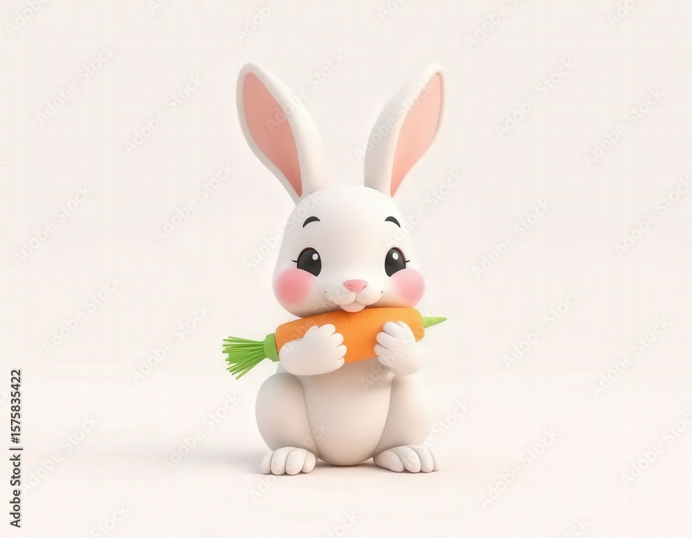 Fototapeta premium Cute 3D Cartoon Rabbit Eating Carrot on Clean Background