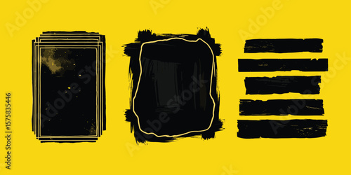 Linocut, relief printing, letterpress rectangle A4 shapes rough textures set, collection. Black linocutting textured backgrounds, text frames. Paint roller geometric stains, 
