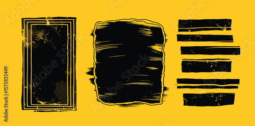 Linocut, relief printing, letterpress rectangle A4 shapes rough textures set, collection. Black linocutting textured backgrounds, text frames. Paint roller geometric stains, 