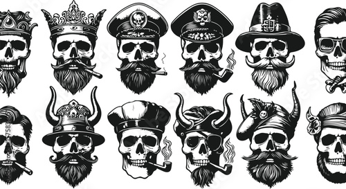 Black and White Linocut Skull Sketches Vintage Archetypal Portraits