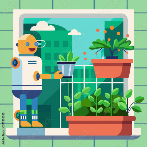 A robot is holding a plant in a pot. The robot is standing in front of a window with a view of a city