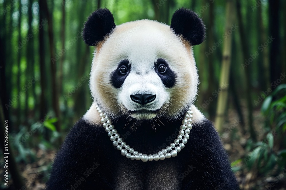 Fototapeta premium Charming panda bear wearing a pearl necklace in a lush bamboo forest, creating a whimsical and elegant scene