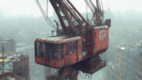 Industrial crane amidst a misty city