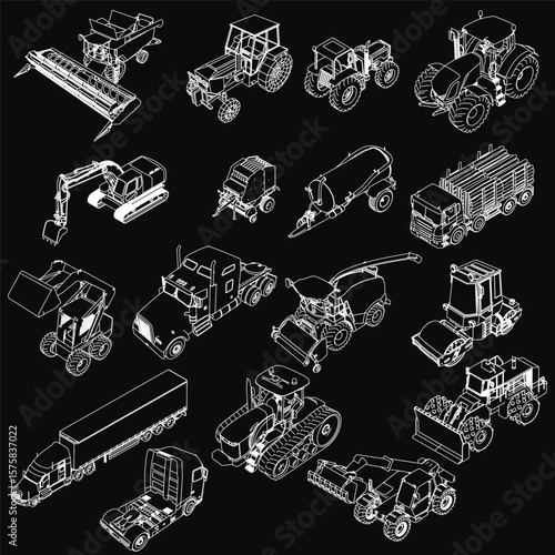 Various tractors and heavy machinery including a bulldozer, dump truck, and tractor trailer are outlined in white on a black background. The industrial transport vehicles have a crisp.