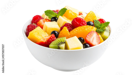 Pices of mix fruits on bowl isolated on white background.