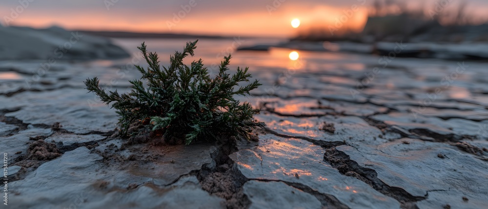 Obraz premium Resilient Plant Life on Cracked Earth at Sunset