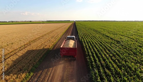 Farm truck on dirt road between wheat and corn fields