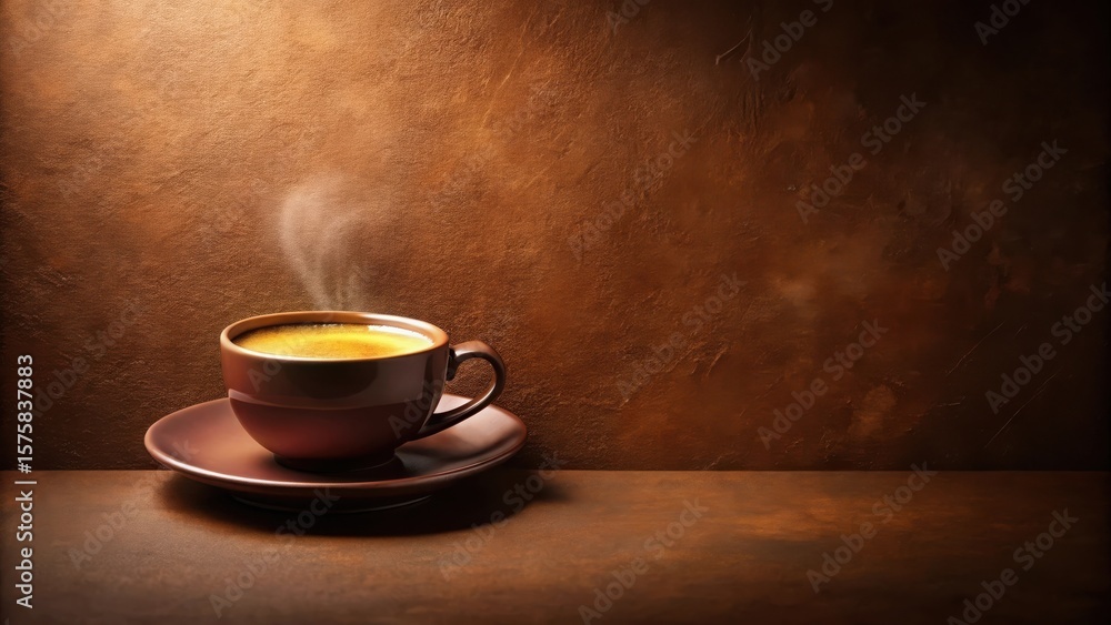 Obraz premium Aromatic Steam Rising from a Brown Coffee Cup on a Dark Brown Surface