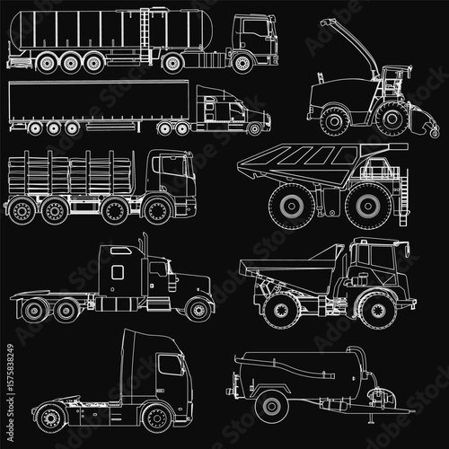 A detailed set of industrial trucks, including a dump truck and trailer, showcased on a black background. Each vehicle features unique designs with crisp white outlines for high contrast. Side view