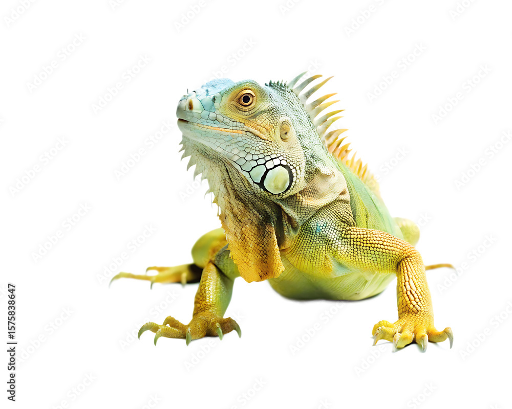 Obraz premium Green yellow iguana reptile isolated on a transparent background