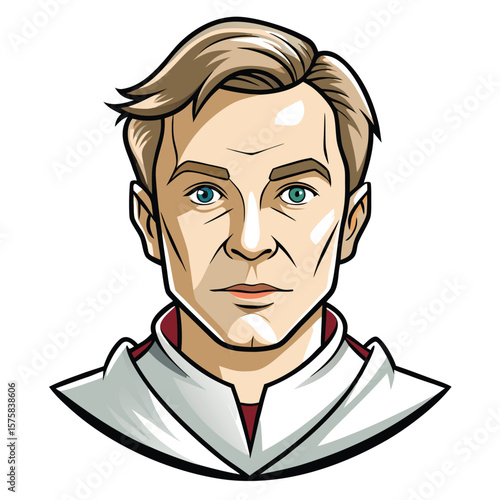 Cartoon portrait of a man with light brown hair, light skin, and teal eyes.  He wears a light gray robe with a maroon collar