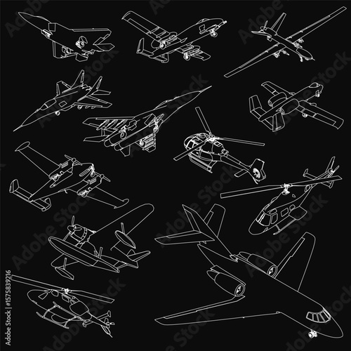A set of aircraft displayed on a black background with detailed blueprints in the foreground. Various plane types are showcased, including fighters and bombers.