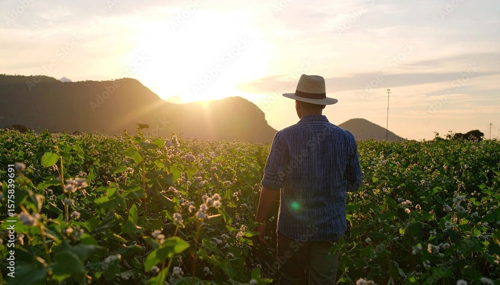 Fototapeta premium Farmer walking in field at sunset