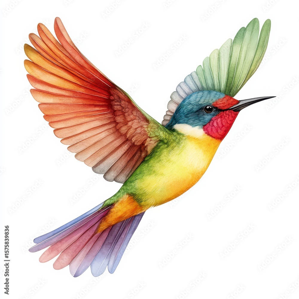 Obraz premium Watercolor Hummingbird in Flight Iridescent Rainbow Colors