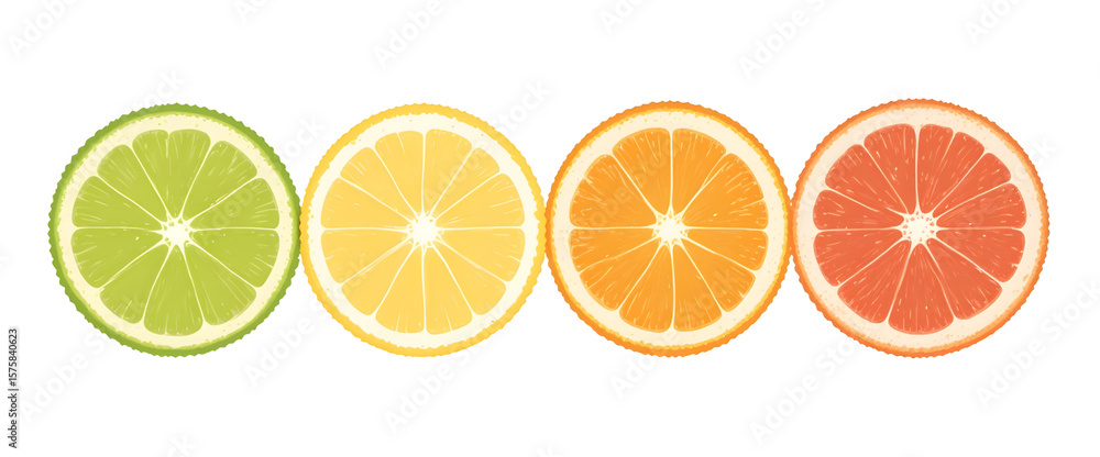 Fototapeta premium Juicy Citrus Slice Arrangement – Grapefruit, Orange, Lemon, and Lime – Transparent PNG.
