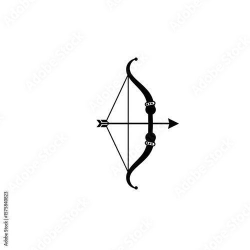 Illustration of a bow and arrow in black and white silhouette