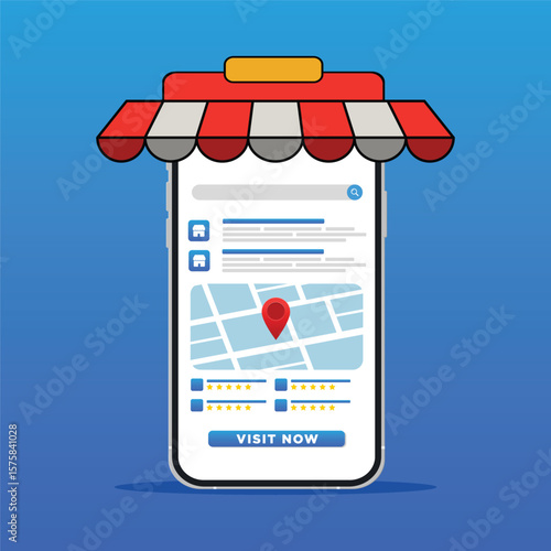 Online Store Location. Local SEO Marketing Strategy with Smartphone Interface and Store Location Pin. Geofencing, Near Me Search Optimization, Online Business Promotion Vector Icon in Flat Design