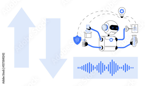 Multifunctional robot managing tasks thumbs up sound processing, security, and innovation with icons like shield, test tube, and gears. Ideal for robotics, AI, technology, automation innovation