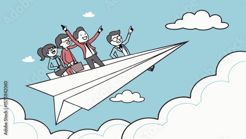 Vector Businesspeople flying on paper airplane, expressing joy and teamwork in creative way