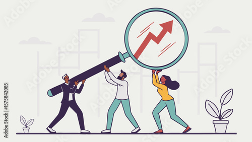 Vector Collaborative teamwork boosts growth as three businesspeople lift giant magnifying glass